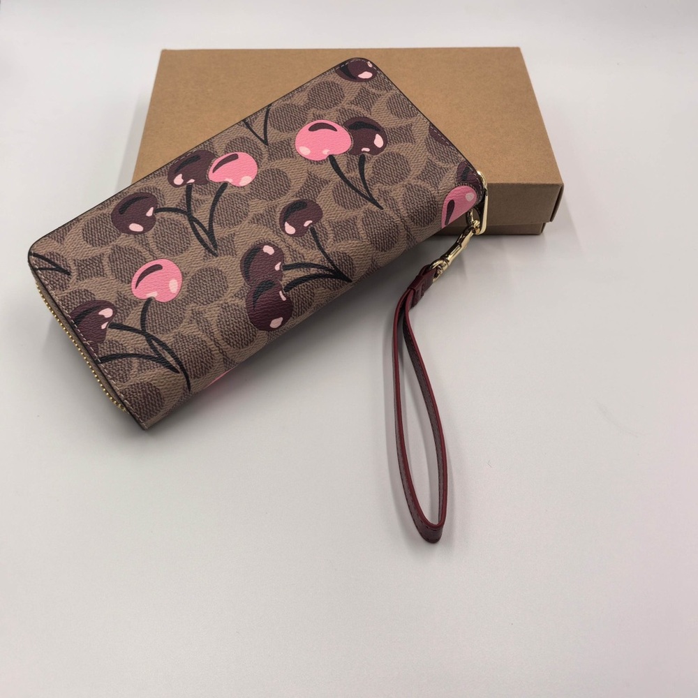 COACH Signature Cherry Print Long Wallet with Wrist Strap - Picture 1 of 8